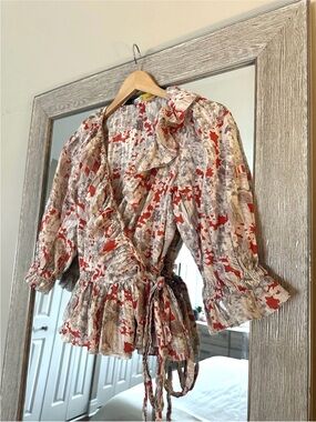 Polo Ralph Lauren Orange And Ivory Floral Ruffle Wrap Blouse Size Small